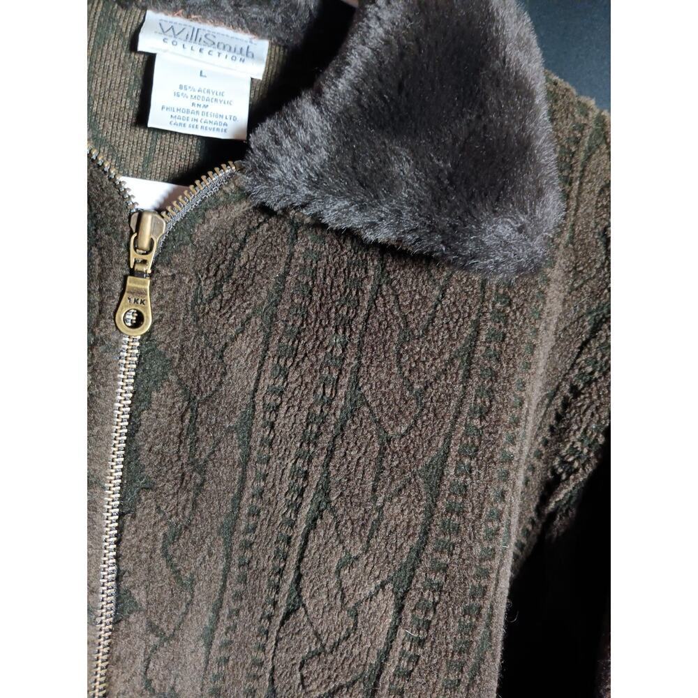 Willi Smith Women Large Cable Knit Zip Sweater Faux Fur Trim Y2K Boho Après Ski - Picture 4 of 6